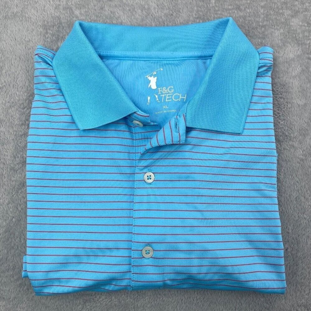 FG Tech Performance Golf Shirt Mens Extra Large Blue Pink Striped Polo Preppy